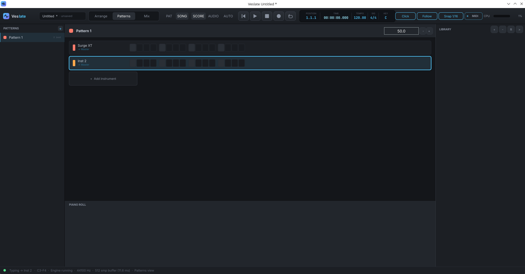 The current VeSlate Patterns workspace showing two instruments, step sequences, the transport bar, library, and piano roll