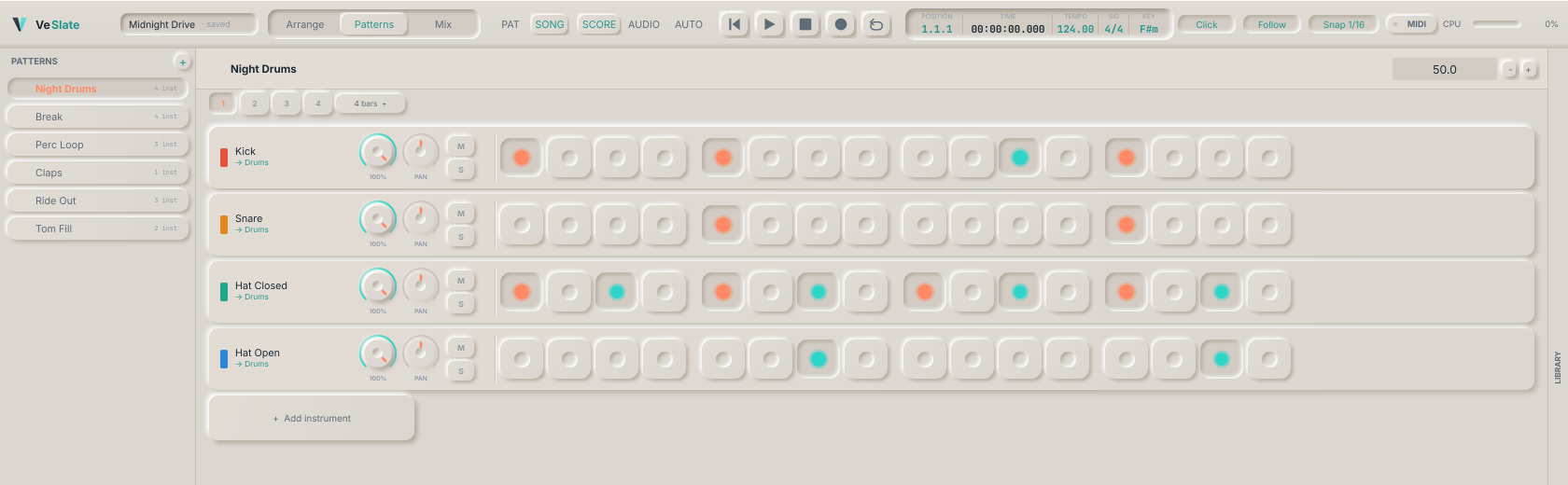 The Veslate pattern editor: a list of patterns on the left and four instrument rows with volume, pan, mute, solo and a sixteen-step grid.
